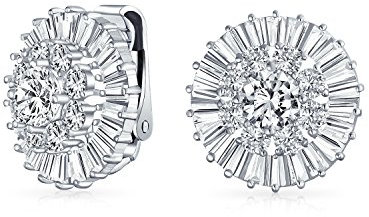 Braut Hochzeit Cz Baguette Pave Runde Cubic Zirkonia Clip Auf Ohrringe Für Frauen Nicht Durchbohrt Ohren Silber Plattiert Messing
