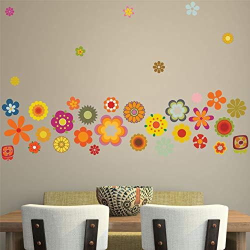 Wandsticker-Set, Retro-Blumen, 60er / 70er Jahre, Vintage-Stil, Blumenmuster - Large sheet - 150 x 108cm