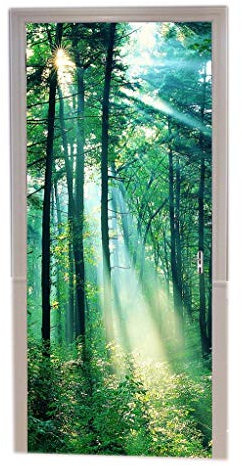 A.Monamour Türtapeten Selbstklebend 3D Sunbeam Durch Grüne Bäume Wald Wald Sonnenaufgang Natur Landschaft Türtapete Türposter Tapete 77x200cm