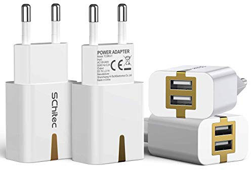 Cargador USB 2 Puertos, 4Pack 5V / 2.1A Adaptador de Pared portátil Adaptador de Corriente para Enchufe de Viaje en el hogar para iPhone 15/14/13/12/11/XS MAX,iPad Pro/Air,Samsung Galaxy S8(Blanco)