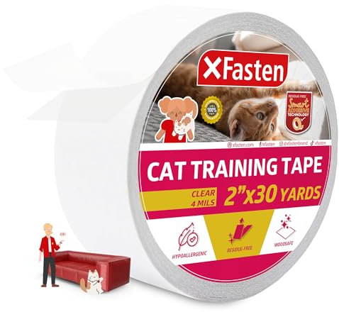 XFasten Anti-Scratch Cat Training Tape, Clear, 2-Inches x 30 Yards (50.8mm x 27.43m); Door, Kitty Paw Tape for Couch, Furniture and Leather Stop Scratching Guard Protector Tape for Cats