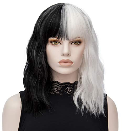 ATAYOU Perücke Schwarz Weiß - Kurze Cosplay Halb Schwarz Halb Weiß Halloween Kostüm Damen Mit Perücke Kappe