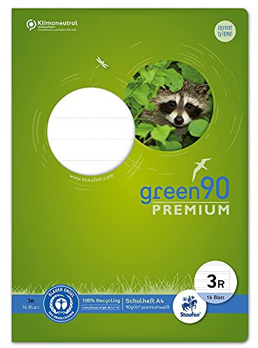 Staufen Green Heft - DIN A4, Lineatur 3R (21 Doppellinien mit Rand), 16 Blatt, 90g/m² Recyclingpapier, runde Ecken verhindern „Eselsohren“, 4 verschiedene Motive (keine Auswahl möglich), 1 Stück