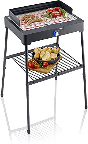 SEVERIN Barbacoa de pie con parrilla de acero inoxidable y estante de rejilla, parrilla eléctrica con arranque rápido, mini barbacoa sin riesgo de quemaduras, negro, PG 8561