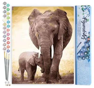 Figured'Art Peinture par Numéro Adulte Maman éléphant et son petit - Activité Manuelle Kit de Loisir Créatif DIY Numéro d'Art Complet - 40x50cm sans châssis en bois
