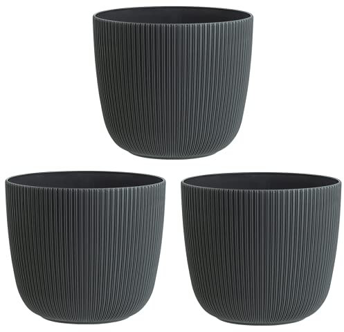 Engelland - 3 x Blumentopf mit Drainagesystem, Anthrazit-Grau, Rillenoptik, Pflanz-Topf, Kübel, modern, widerstandsfähig, rund, wetterfest, Kunststoff, Ø 25 cm, 8 Liter
