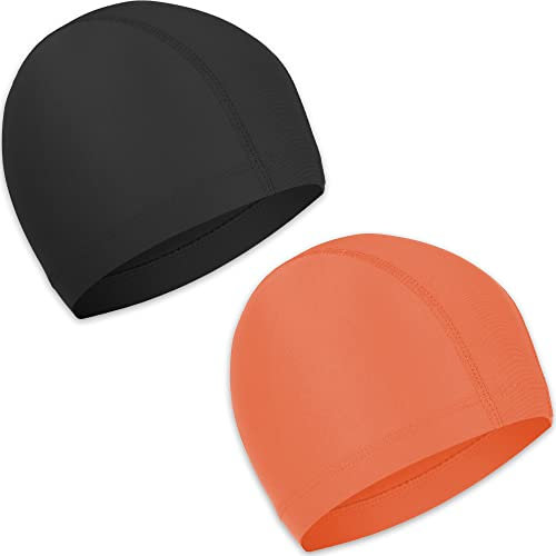 Cuffia Piscina Tessuto Adolto Bambini 2 pezzi Cuffie Nuoto per Uomo Donna Super Elastica e Leggera (nero, arancione)