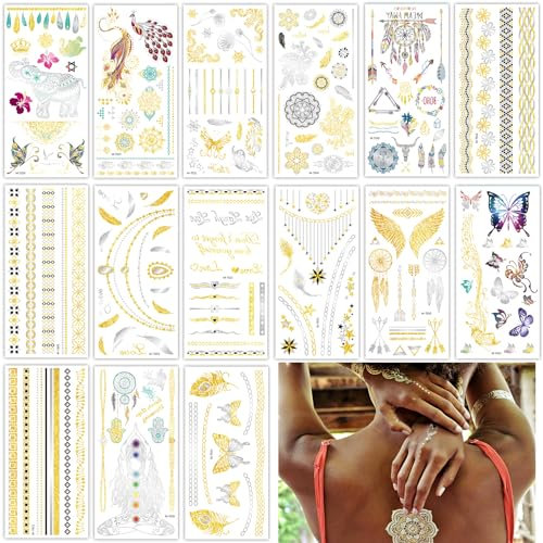 Rosymormor 15 Feuilles Tatouages Éphémères Métalliques pour Femmes Filles, Faux Tatouages Temporaires Paillettes Bracelets Plumes pour Festival Musique Maquillage Carnaval Coachella Halloween Noël
