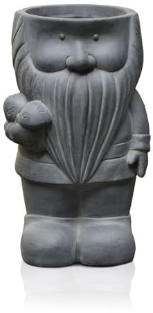 IDEALIST Funny Garden Gnome with Mushrooms | Grey Reinforced Stone Gnome Plant Pot | Garden Planter with Drainage Holes D22 H39 cm, with Inner Top D18 cm
