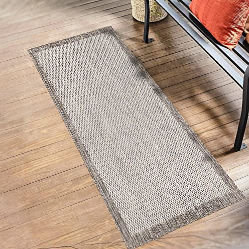 payé Outdoor Teppich Wetterfest - 80x150cm Läufer - Beige Weiß - Bordüre - Teppiche für Terrasse Balkon Garten Indoor