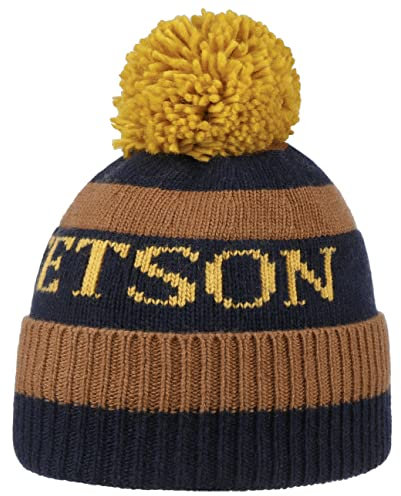 Stetson Classic Bommelmütze Gestreifte Umschlagmütze Kaschmir-Mix Damen Herren Herbst Winter braun-blau One Size