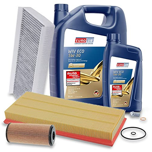 BESTPRICE Inspektionspaket Filterset mit 1x Ölfilter; 1x Luftfilter; 1x Innenraumfilter; 1x Ölablassschraube; 1x Motoröl 5W-30 WIV ECO SAE 6 l, KOMPATIBEL MIT - MERCEDES A-Klasse, B-Klasse