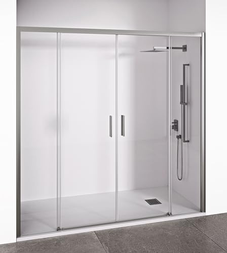 Mampara de ducha frontal 2 hojas correderas + 2 fijos sin perfilería inferior - Transparente - Cristal templado 6 mm Antical - Perfilería Plata Brillo - Ancho adaptable 155-160 cm - Alto 195 cm - EIRE