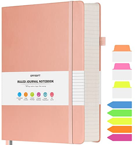 OFFIGIFT Notizbuch A5 liniert, Hardcover Tagebuch mit 312 Nummerierten Seiten, 100g/m² Tintenfestes Papier Dickes Notizbücher, Leder Tagebuch für Erwachsene Frauen Männer, 14,5 x 21,5 cm, Rosa