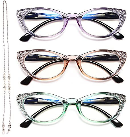 EYEURL Cateye Lesebrille für Damen 3er-Pack Blaulichtfilter Brille Computerbrille Katzenauge Lesebrille mit sehstärke strass mit Federscharnier 1.75