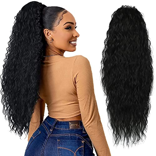 Ponytail Extension Schwarz Pferdeschwanz Haarteil Clip in Extensions Locken mit Kordelzug lang Haarverlängerunge Kunsthaar Haarteil Gewellt Afro zopf 65cm AL061A