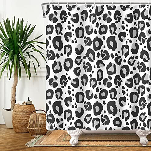 Bovlleetd 152x183cm Rideau De Douche Noir Et Blanc Motif Imprimé LéOpard Noir Blanc Rideau De Douche De Bain Polyester ImperméAble Ensemble De Salle De Bain avec Crochet