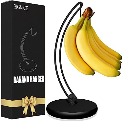 Signice Bananenhalter-Ständer – Patentierter moderner Bananenbaumaufhänger mit Holzsockel, Edelstahl-Bananenständer für Zuhause, Küche, kippt nicht um, Schwarz