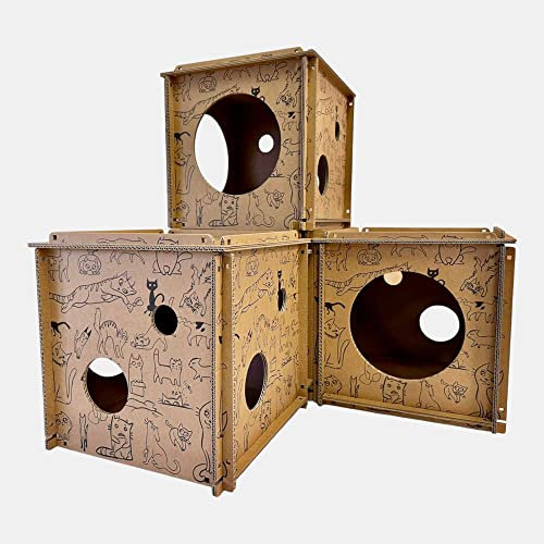 Premium Katzenhaus aus recyclebaren Pappwürfeln mit Kratzplatte und Stanzen Katzenminze (4-Würfel)