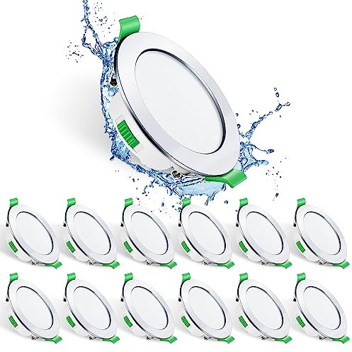 ALUSSO LIGHTING LED Einbaustrahler 230V Deckenspots flach Dimmbar 7W Ultra Slim Spots IP44 Deckenstrahler Einbauleuchten für Badezimmer Küche, 3000K/4000K/6500K Einbauspots, Rund Chrom 12er Set