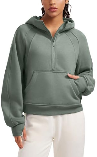 CRZ YOGA Damen Fleece Gefüttert Hoodie 1/2 Reißverschluss Kapuzenpullover Taschen Workout Langarm Hoody Pullover mit Daumenloch Grauer Salbei 40