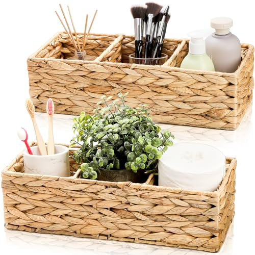 Pumtus 2 Pack 3-Section Wicker Baskets, Water Hyacinth Storage Bin, Handwoven Desk Organizer, Toilet Paper Container, Rectangle Holder for Counter Top Toilet Tank Shelves Coffee Bar Pantry