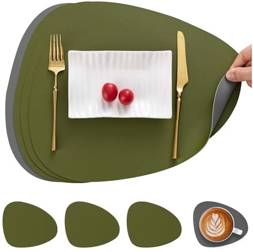 Myir JUN Tischsets Leder und Untersetzer, Tischsets Abwaschbar Rund Doppelseitigen rutschfest Platzdeckchen Leder Kunstleder Tischset Lederoptik Platzset (Grau Grün 01, Satz von 4)