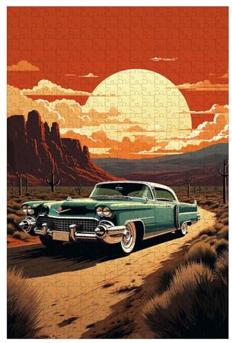 Puzzle für Erwachsene, 1000 Teile, aus Holz, im Retro-Stil, Cadillac-Autos auf Hellen Wüstenstraßen (A ; 1000)