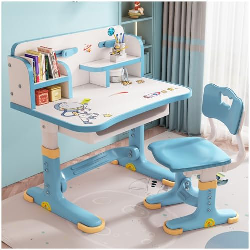 SINBINTA Höhenverstellbarer Kinder-Schreibtisch und Stuhl-Set, Rutschfester Stabiler Schreibtisch mit Schublade, Bücherregal, Cartoon-Muster für Jungen und