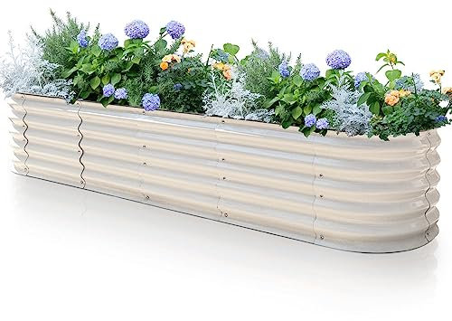 Byhagern Raised Garden Beds Outdoor, Anti-Rust Coating Planter Box with Safety Edging, Raised Garden Beds for Vegetables, Flowers, Herbs (Beige)……