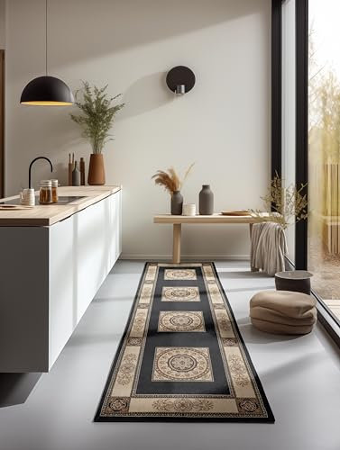 Nouristan Orientalischer Teppich – Läufer Orient Klassisch Wohnzimmerteppich Orientalisch dicht gewebt mit Bordüre Flachgewebe für Wohnzimmer, Schlafzimmer, Esszimmer, Flur – Schwarz, 80x240cm