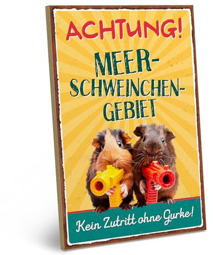 ARTFAVES® Wandbild Holzschild mit Spruch - Achtung Meerschweinchen Gebiet - Türschild Retro Vintage Deko Bild Geschenk - Meerschweinchen