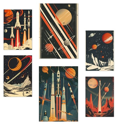 Nacnic-Set mit 6 Postern Raumschiff, Rakete, Planeten Vintage-Rot- und Blautöne Designillustrationen zur Dekoration der Wände Ihres Zuhauses. Räume A3 & A4 Rahmenlos