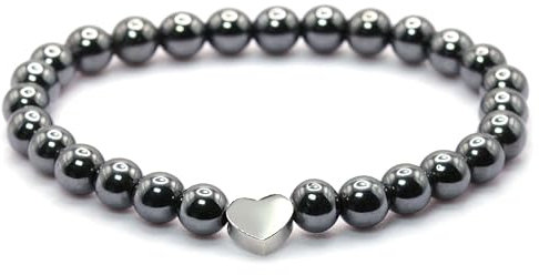 Echtes Hämatit Edelstein Armband mit 6mm Perlen und Edelstahlherz - verschiedene Längen - Heilstein Schutzstein Talisman Glücksbringer Geschenk (Hämatit, 22CM)
