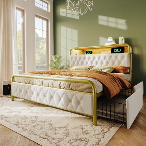 Merax Polsterbett Metallbett 180x200cm mit 4 Schubladen, LED-Beleuchtung, Ladefunktion, Lagerregal, Doppelbett Bettgestell, Stabil Metallrahmen, Stauraumbetten, Jugendbett, Samt, ohne Matratze, Weiß