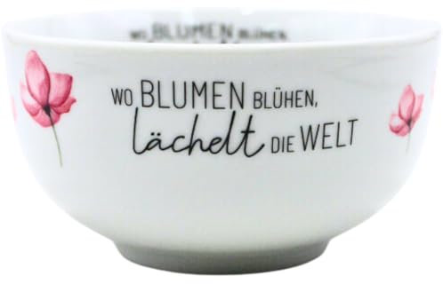 Dekohelden24 Müslischale, Frühstücksschale, Schüssel aus Porzellan, Motiv: Wo Blumen blühen, lächelt die Welt, Größe: H/Ø 7 x 13 cm, Fassungsvermögen ca. 450 ml.
