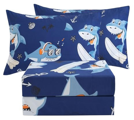 JSD Blue Shark Surfing Kinder-Bettwäsche-Set, volle Größe, 4-teilig, nautisch bedruckt, Mikrofaser, tiefe Taschen