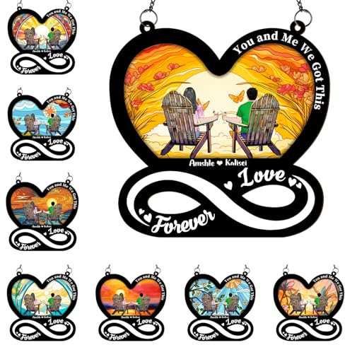 Personalisierter Herz-Sonnenfänger für Fenster, individuelles Paar, Namen, Portrait, Sonnenfänger, Ornament für Camping, Wandern, Liebhaber, You and Me We Got This Sonnenfänger, Geburtstag, Jahrestag,