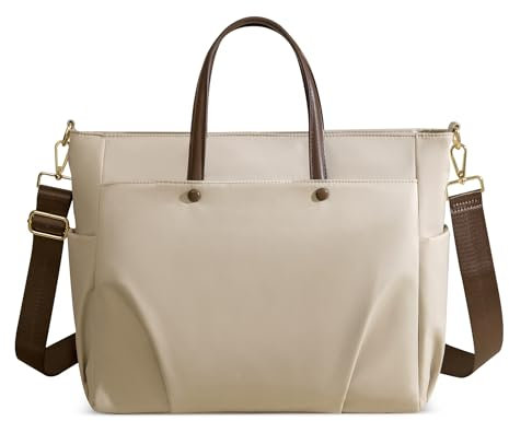 FOLOVEYA Sac à Bandoulière pour Femme Imperméable Sacoche Ordinateur Portable 15 Pouces Sac Cabas Grand Sac Porte Document Pour Travail Université Voyage Polyester Beige M