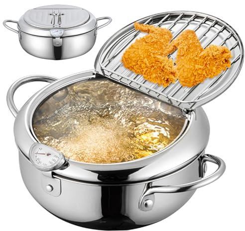 Stainless Steel Japanese Tempura Fryer - 3.2L Deep Fry Pot with Temperature Control & Oil Drip Drainer Rack - 9.4'' Small Fry Pot with Handles for Fish