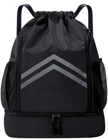 Gbateri Sports Drawstring Backpack - Water Resistant Gym Bag with Shoes Compartment and Water Bottle Holder Pockets -Drawstring Bag String Cinch Bag for Gym, Travel, Swimming, Beach, Men Women (Black)