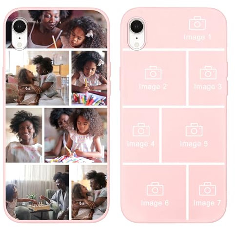 Yoedge Personalised Phone Case for iPhone XR 6.1 inch, Custom Photo Design Flexible Soft Silicone Customized Rubber Shockproof Cover, Personalize with 7 Image Collage for Girls Women, Pink Customize