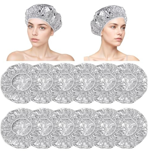 12 Stück Aluminiumfolie Duschhaube Deep Conditioning Hair Cap Haarkappe Duschhaube für Dauerwelle Tiefenpflege Haube Wärmekappe Shower Haube für Haarfärbung und Haarbehandlungen Zuhause Salon