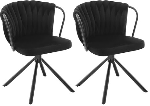 WOLTU Chaise de Salle à Manger Pivotante Lot de 2, Fauteuil Rembourré avec Dossier Tressé et Pieds en Métal, Chaise Scandinave, en Velours,Noir,EZS72sz-2