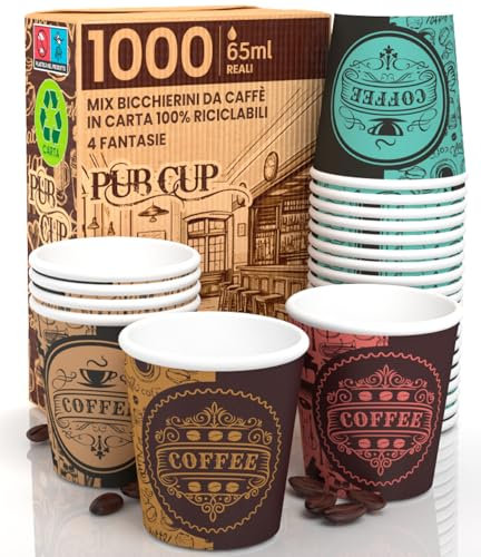 1000 Bicchierini in Carta per Caffè PubCUP Mix 65ml Bicchieri Monouso Piccoli Ecologici e Biodegradabili per Asporto Bevande Calde