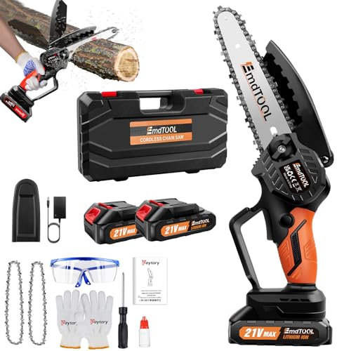 Akku Kettensäge 21V, 6 Zoll Orange Mini Kettensäge mit 2 Akkus, 2 Kette, Kettensäge Elektrisch Handsäge Einhand Handkettensäge mit Sicherheitsschloss für Gartenarbeit Baumbeschneidung Holzschneiden