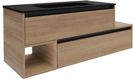 FACKELMANN Vita Waschbecken mit asymmetrischen Unterschrank in Summer Oak, 129 cm - Gussmarmorbecken in Schwarz matt, Zwei Schubladen mit Soft-Close, Ablage rechts, Made in Germany