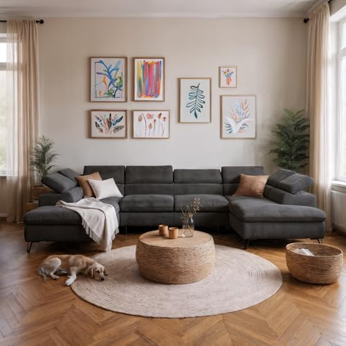 SOFILAND Reno U Ecksofa mit Bettkasten & verstellbaren Kopfstützen – Schlafsofa in U-Form (345×202 cm) – Monolith Stoff, Wasserabweisend, Metallfüße. (Dunkelgrau)