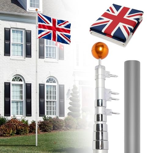 Outopee 20FT Aluminium Sectional Flagpole Kit, Telescopic Flag Pole in Ground with UK Flag, Golden Ball Finial and Halyard Rope for Residential, Garden Yard and Commercial Use, Silver