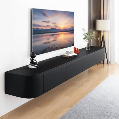 FGNIXLN Floating TV Unit,120-300CM Wall Mounted TV Cabinet, Floating TV Stand with Flip-Down Doors & Drawers, Modern TV Media Console Center Large Storage TV Bench (Black, 200CM)